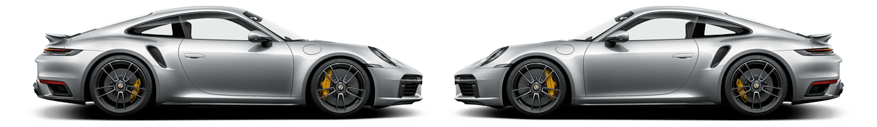 Two 2024 Porsche 911 Turbo S parked nose to nose